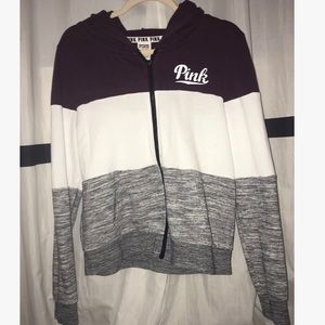 PINK perfect zip hoodie💗maroon/white/gray striped